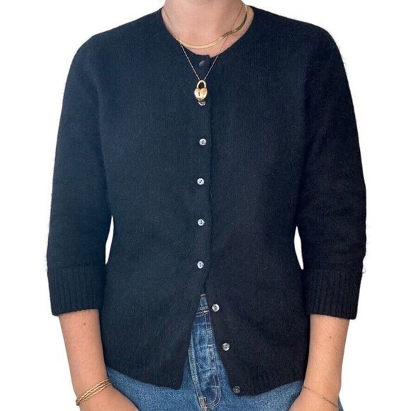 Vintage 90s Apostrophe Black Angora Blend Soft Fuzzy Fluffy Cardigan Sz L - Picture 1 of 6